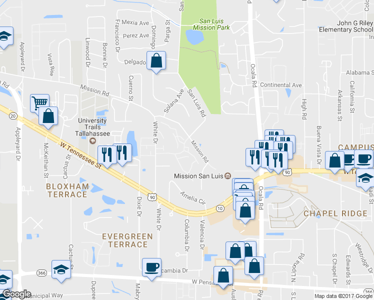 map of restaurants, bars, coffee shops, grocery stores, and more near 800 Timbers Court in Tallahassee