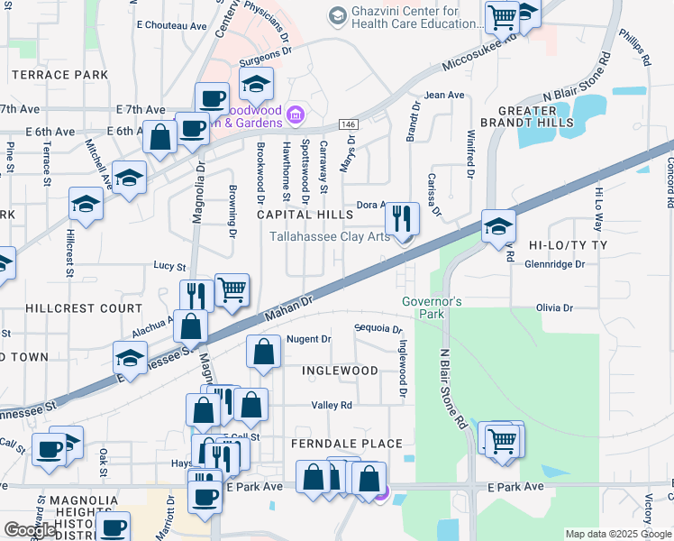 map of restaurants, bars, coffee shops, grocery stores, and more near 1607 Sauls Street in Tallahassee