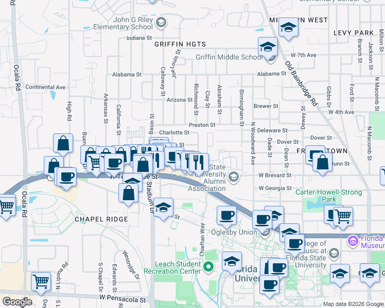 map of restaurants, bars, coffee shops, grocery stores, and more near 1000 West Brevard Street in Tallahassee