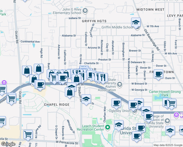 map of restaurants, bars, coffee shops, grocery stores, and more near 735 Wadsworth Street in Tallahassee