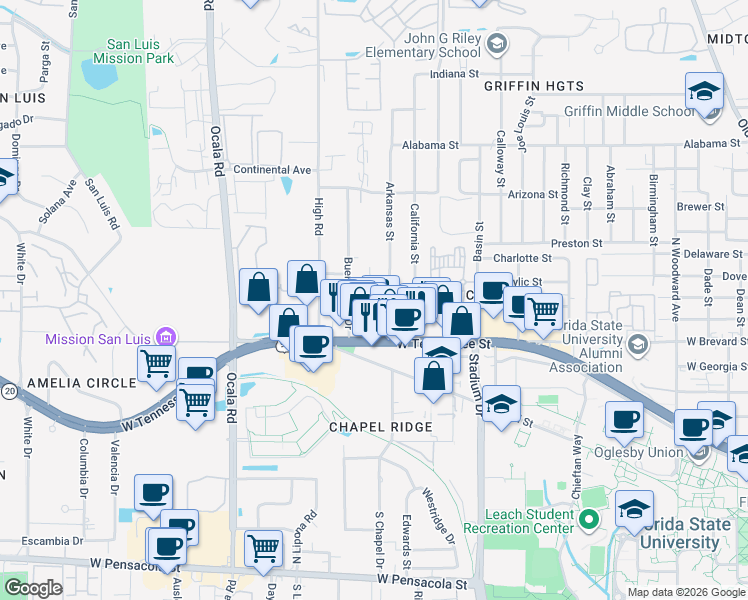 map of restaurants, bars, coffee shops, grocery stores, and more near 714 Caliark Street in Tallahassee