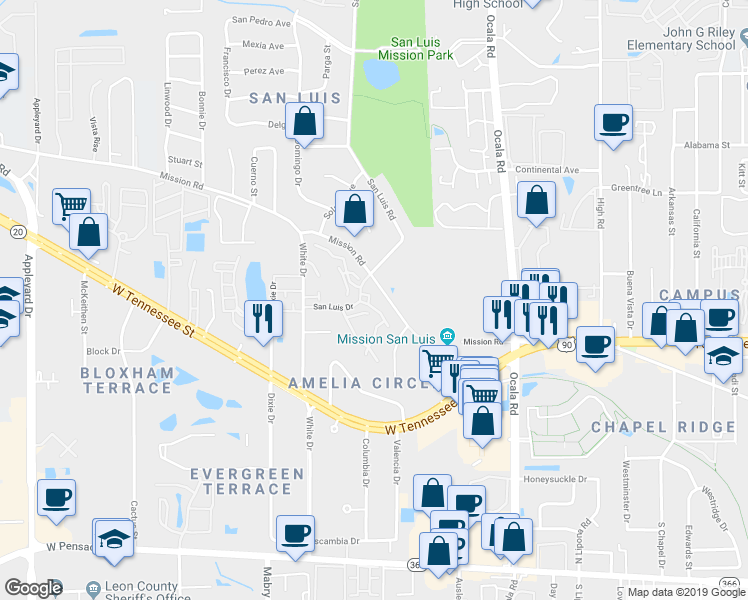 map of restaurants, bars, coffee shops, grocery stores, and more near 2199 Timberwood Circle North in Tallahassee