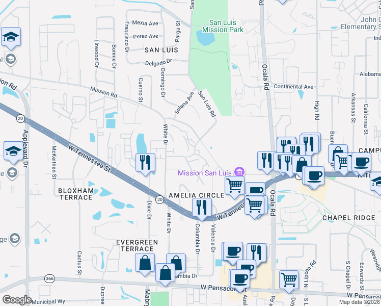 map of restaurants, bars, coffee shops, grocery stores, and more near 2247 Shady Timbers Circle in Tallahassee