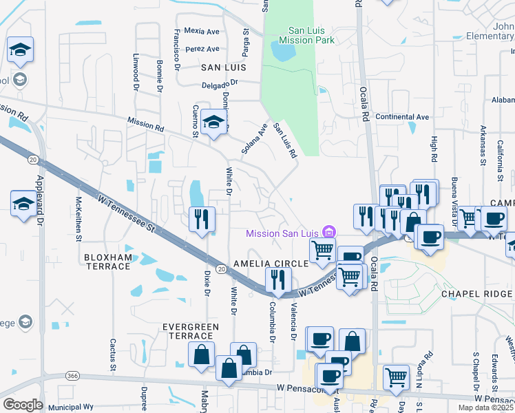 map of restaurants, bars, coffee shops, grocery stores, and more near 785 Timberway Court in Tallahassee