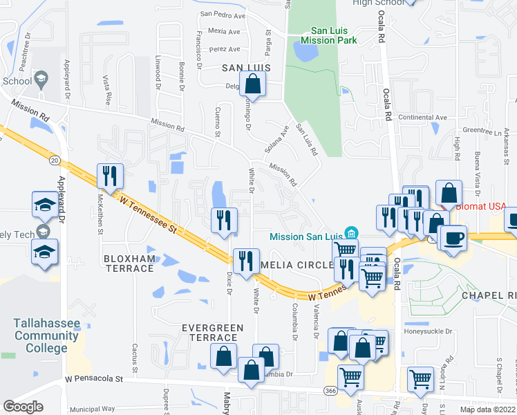 map of restaurants, bars, coffee shops, grocery stores, and more near 741 White Drive in Tallahassee