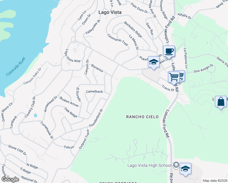 map of restaurants, bars, coffee shops, grocery stores, and more near 5601 Thunderbird Street in Lago Vista