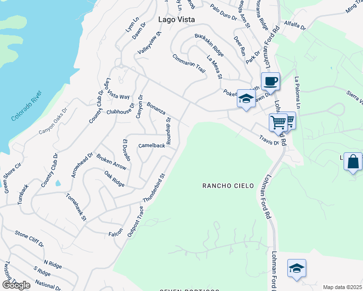 map of restaurants, bars, coffee shops, grocery stores, and more near 5601 Thunderbird Street in Lago Vista