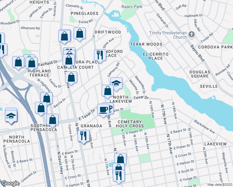 map of restaurants, bars, coffee shops, grocery stores, and more near 1250 East Texar Drive in Pensacola