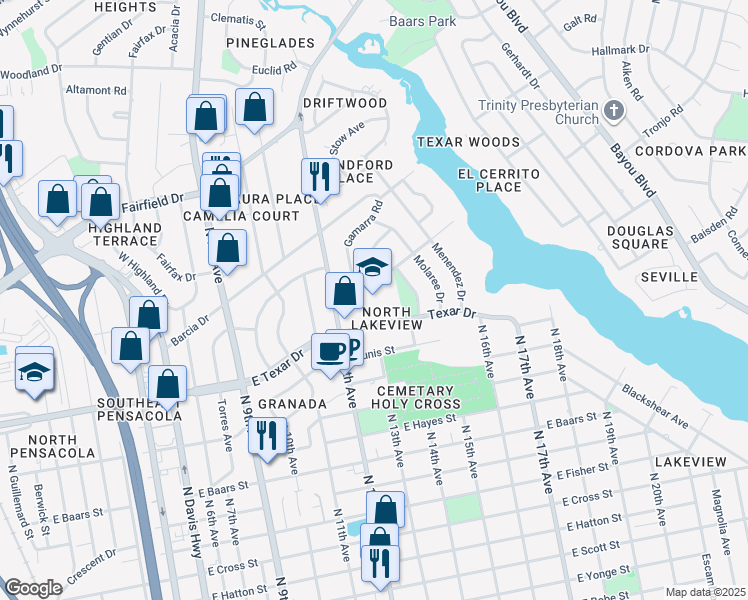 map of restaurants, bars, coffee shops, grocery stores, and more near 1250 East Texar Drive in Pensacola