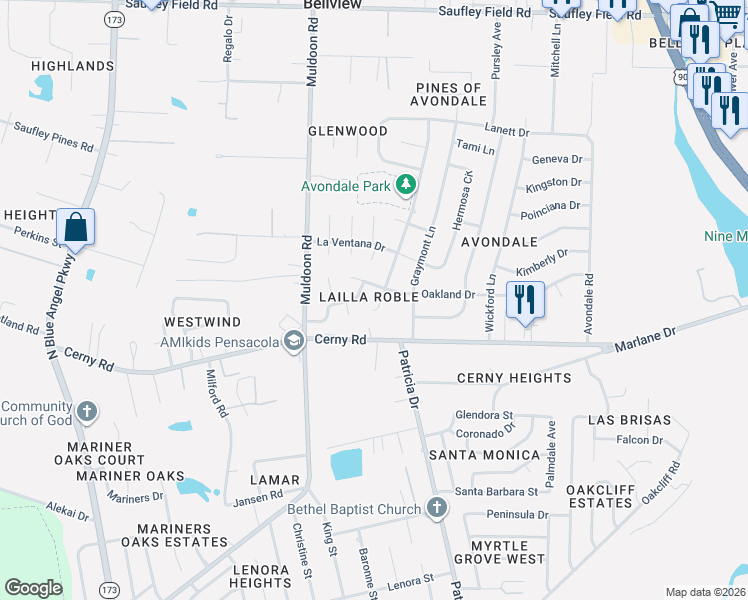 map of restaurants, bars, coffee shops, grocery stores, and more near 5600 Vestavia Lane in Pensacola