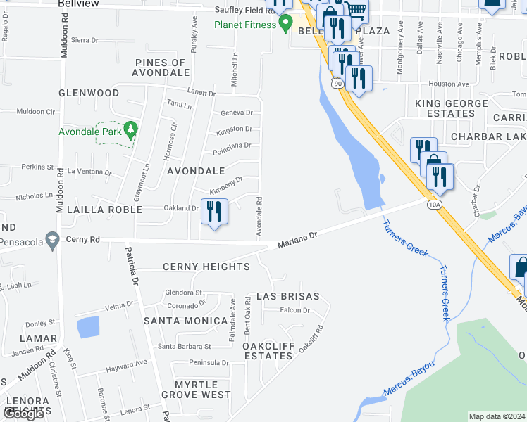 map of restaurants, bars, coffee shops, grocery stores, and more near 5642 Avondale Road in Pensacola