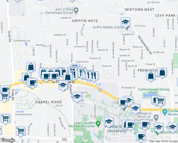 map of restaurants, bars, coffee shops, grocery stores, and more near 1322 Hancock Street in Tallahassee