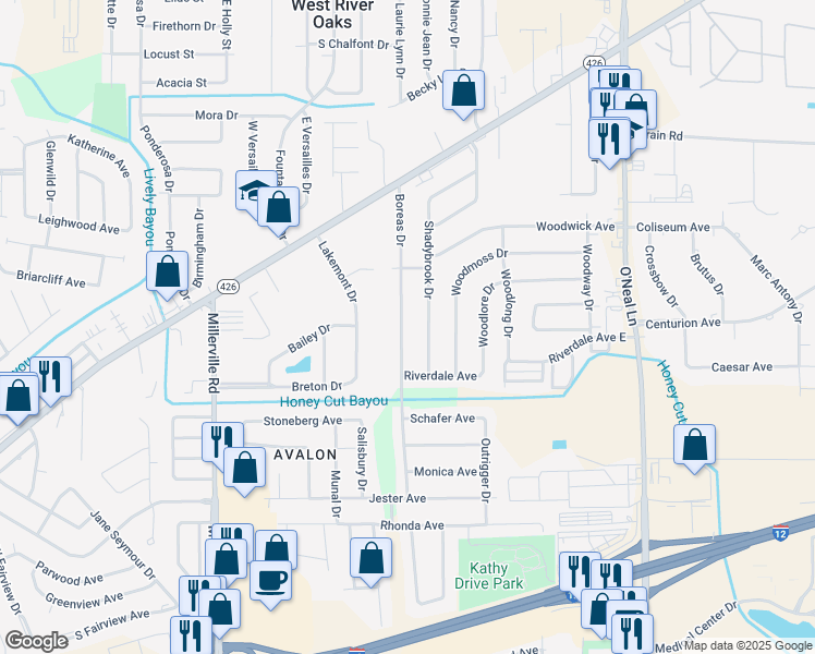 map of restaurants, bars, coffee shops, grocery stores, and more near 1245 Boreas Drive in Baton Rouge