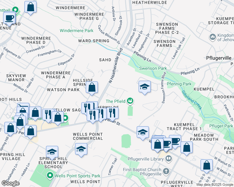 map of restaurants, bars, coffee shops, grocery stores, and more near 207 Homily Drive in Pflugerville