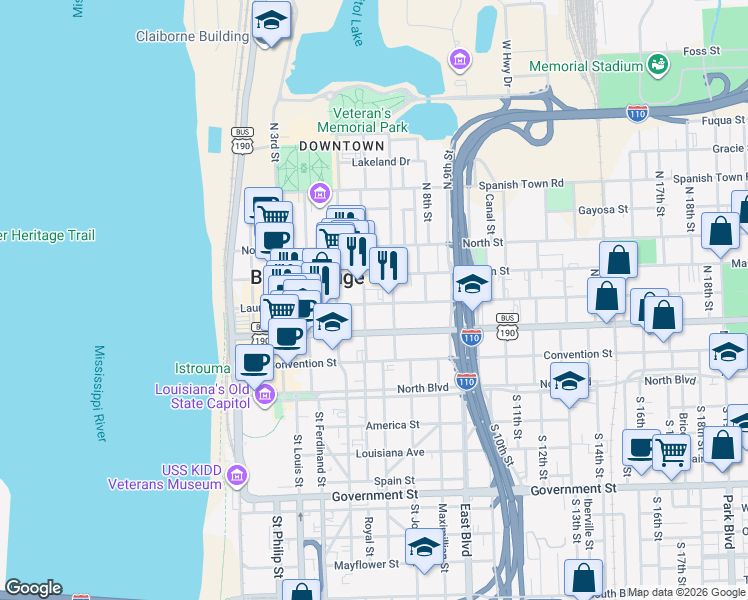 map of restaurants, bars, coffee shops, grocery stores, and more near 333 North 6th Street in Baton Rouge