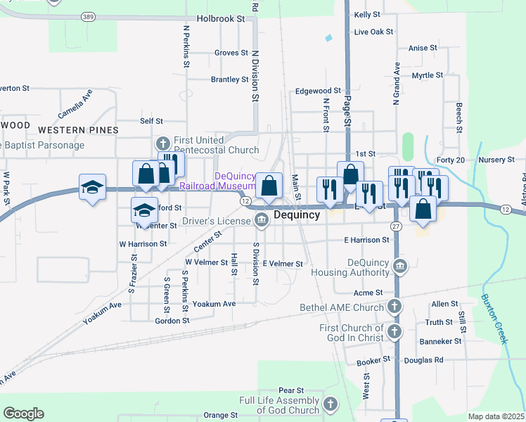 map of restaurants, bars, coffee shops, grocery stores, and more near 125 North Pine Street in DeQuincy