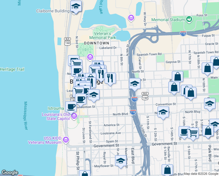 map of restaurants, bars, coffee shops, grocery stores, and more near 660 Laurel Street in Baton Rouge