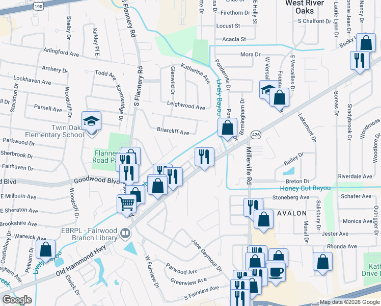 map of restaurants, bars, coffee shops, grocery stores, and more near 14121 Azalea Park Avenue in Baton Rouge