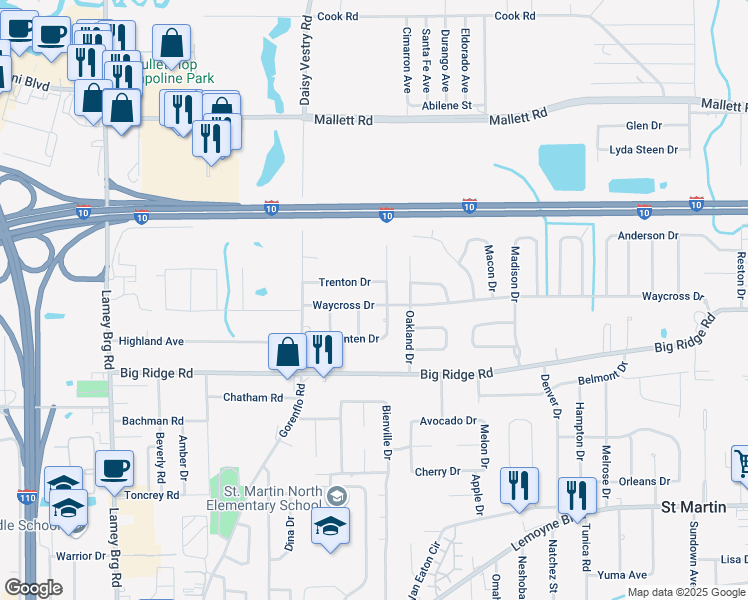 map of restaurants, bars, coffee shops, grocery stores, and more near 16204 Waycross Drive in Biloxi