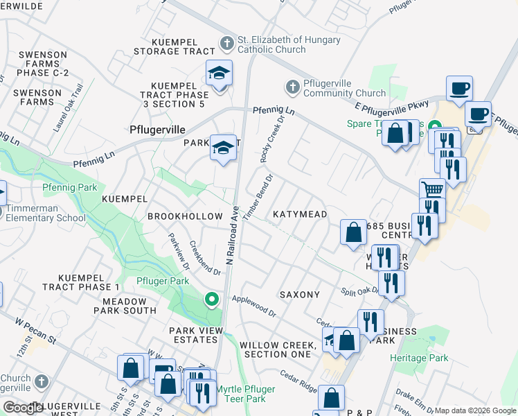 map of restaurants, bars, coffee shops, grocery stores, and more near 1203 Timber Bend Drive in Pflugerville