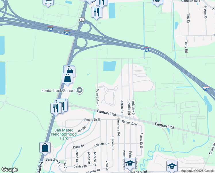 map of restaurants, bars, coffee shops, grocery stores, and more near 11701 Palm Lake Drive in Jacksonville