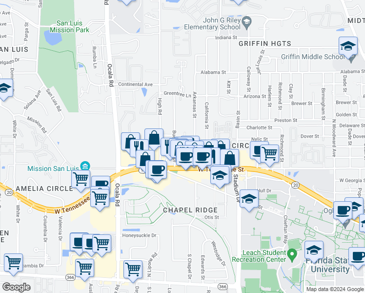 map of restaurants, bars, coffee shops, grocery stores, and more near 738 Gold Nugget Trail in Tallahassee