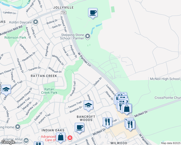 map of restaurants, bars, coffee shops, grocery stores, and more near 7011 West Parmer Lane in Austin