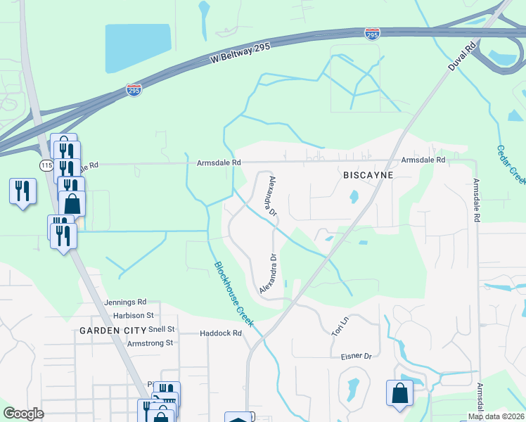 map of restaurants, bars, coffee shops, grocery stores, and more near 12081 Alexandra Drive in Jacksonville