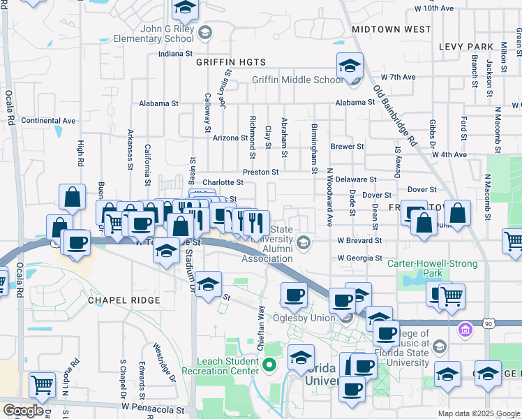 map of restaurants, bars, coffee shops, grocery stores, and more near 1000 West Brevard Street in Tallahassee