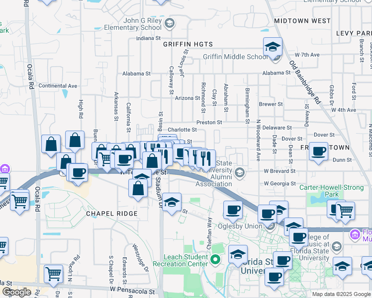 map of restaurants, bars, coffee shops, grocery stores, and more near 735 Wadsworth Street in Tallahassee