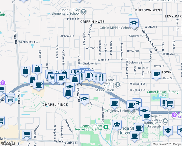 map of restaurants, bars, coffee shops, grocery stores, and more near 735 Wadsworth Street in Tallahassee