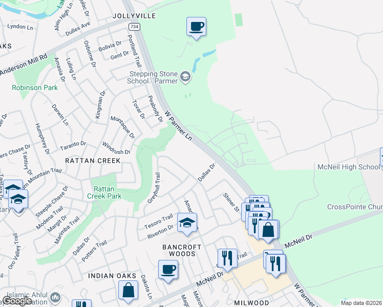 map of restaurants, bars, coffee shops, grocery stores, and more near 7011 West Parmer Lane in Austin