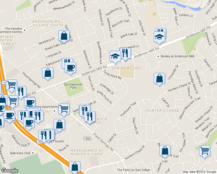 map of restaurants, bars, coffee shops, grocery stores, and more near 8806 Piney Point Drive in Austin