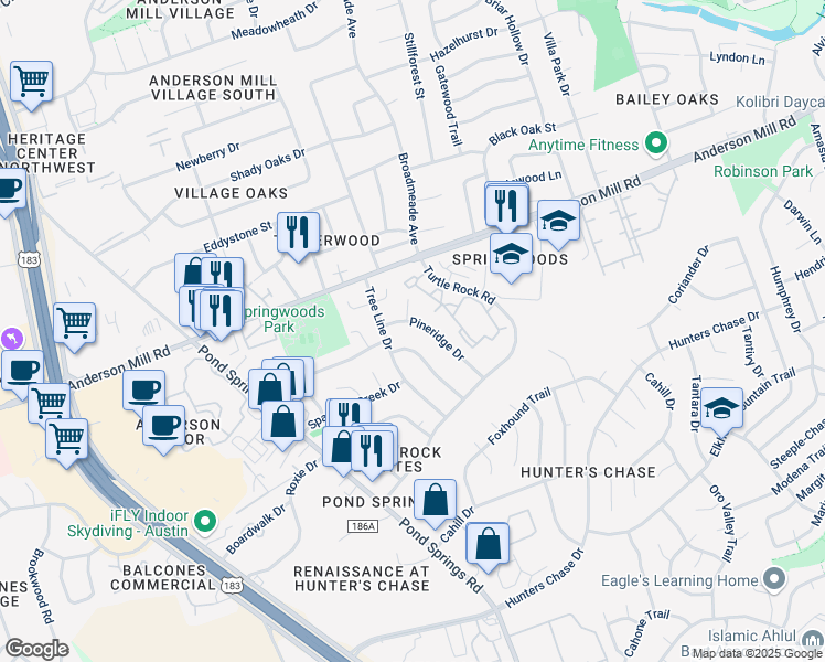 map of restaurants, bars, coffee shops, grocery stores, and more near 8806 Piney Point Drive in Austin