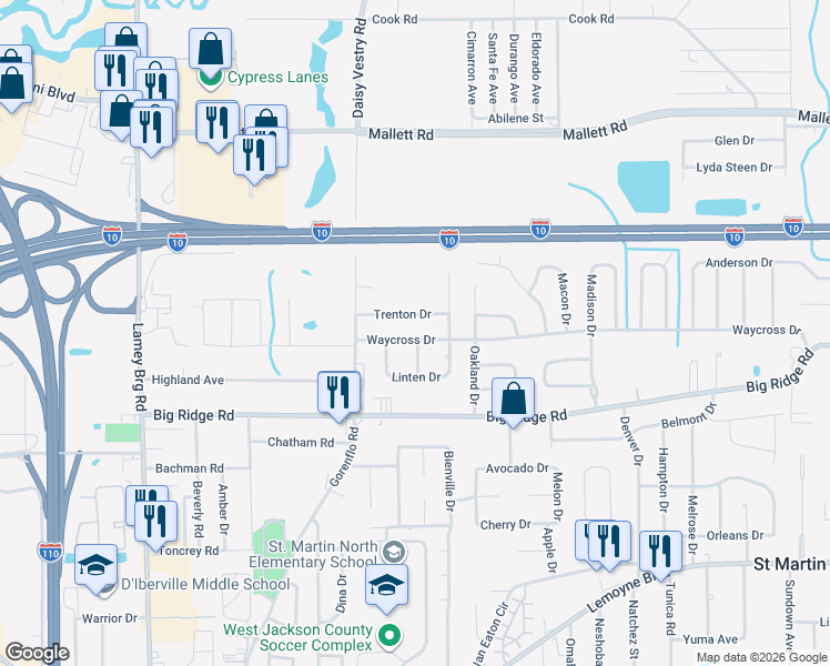 map of restaurants, bars, coffee shops, grocery stores, and more near 7413 Benton Drive in Biloxi