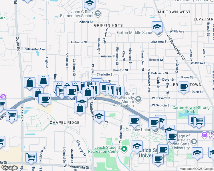map of restaurants, bars, coffee shops, grocery stores, and more near 735 Wadsworth Street in Tallahassee