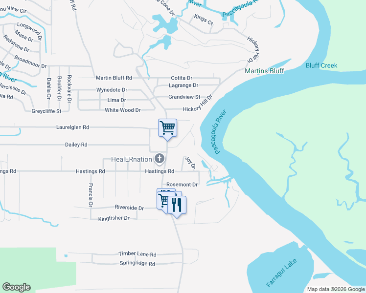 map of restaurants, bars, coffee shops, grocery stores, and more near 7415 Shirley Drive in Gautier