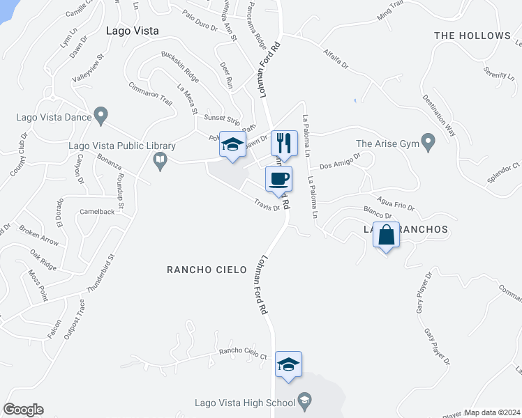 map of restaurants, bars, coffee shops, grocery stores, and more near 20107 Travis Drive in Leander