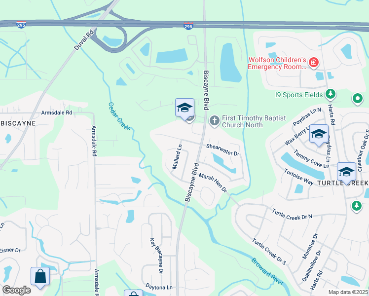 map of restaurants, bars, coffee shops, grocery stores, and more near 1433 Kingfisher Lane North in Jacksonville