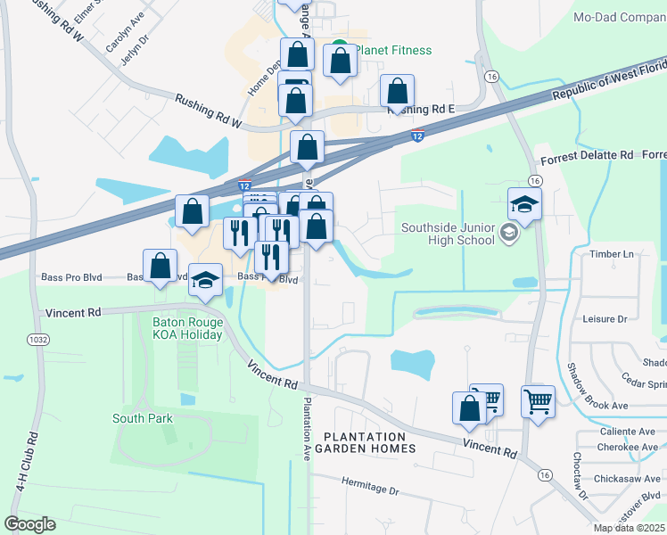 map of restaurants, bars, coffee shops, grocery stores, and more near 2629 Kelli Drive in Denham Springs