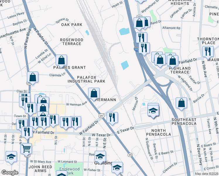 map of restaurants, bars, coffee shops, grocery stores, and more near 52 East Herman Street in Pensacola