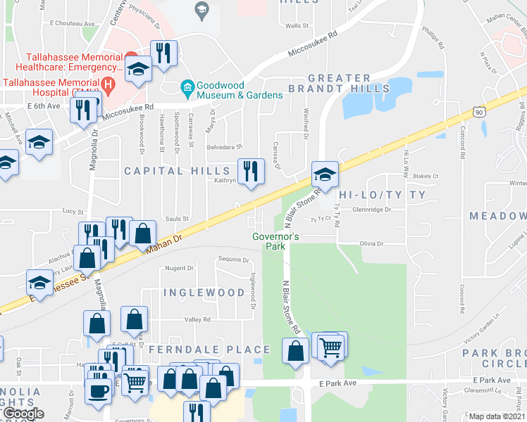 map of restaurants, bars, coffee shops, grocery stores, and more near 1826 Florida 10 in Tallahassee