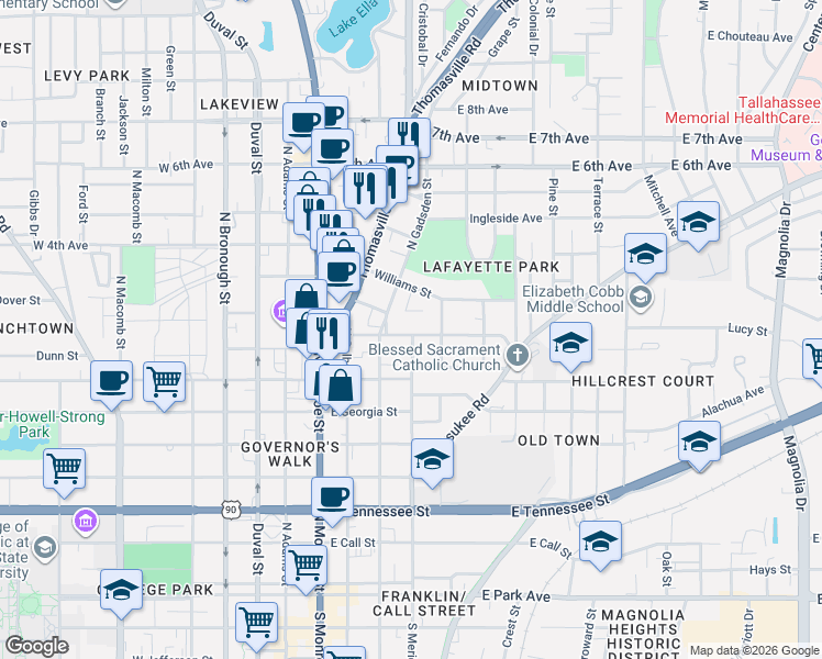 map of restaurants, bars, coffee shops, grocery stores, and more near 909 North Gadsden Street in Tallahassee