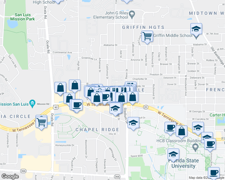 map of restaurants, bars, coffee shops, grocery stores, and more near 757 California Street in Tallahassee
