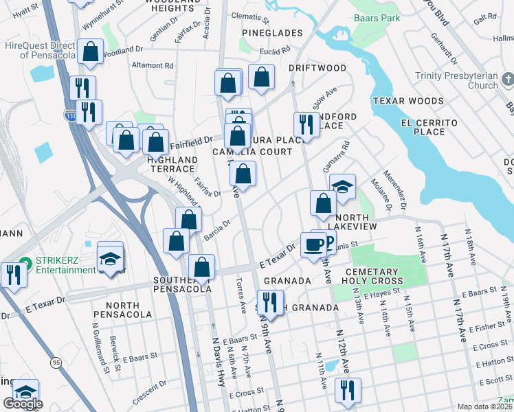 map of restaurants, bars, coffee shops, grocery stores, and more near 3804 N 9th Ave in Pensacola