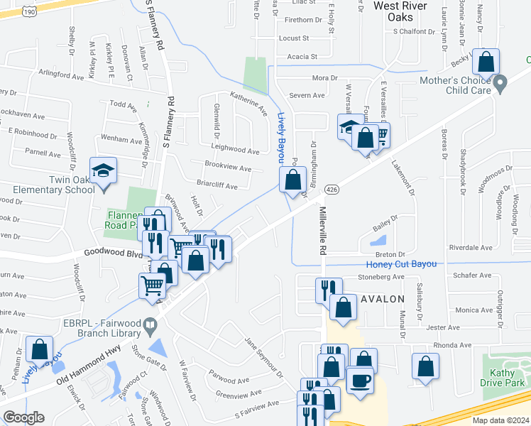 map of restaurants, bars, coffee shops, grocery stores, and more near 14333 Old Hammond Highway in Baton Rouge
