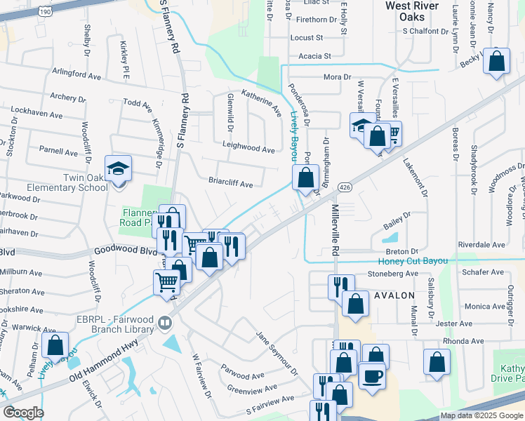 map of restaurants, bars, coffee shops, grocery stores, and more near 13886 Briarcliff Avenue in Baton Rouge