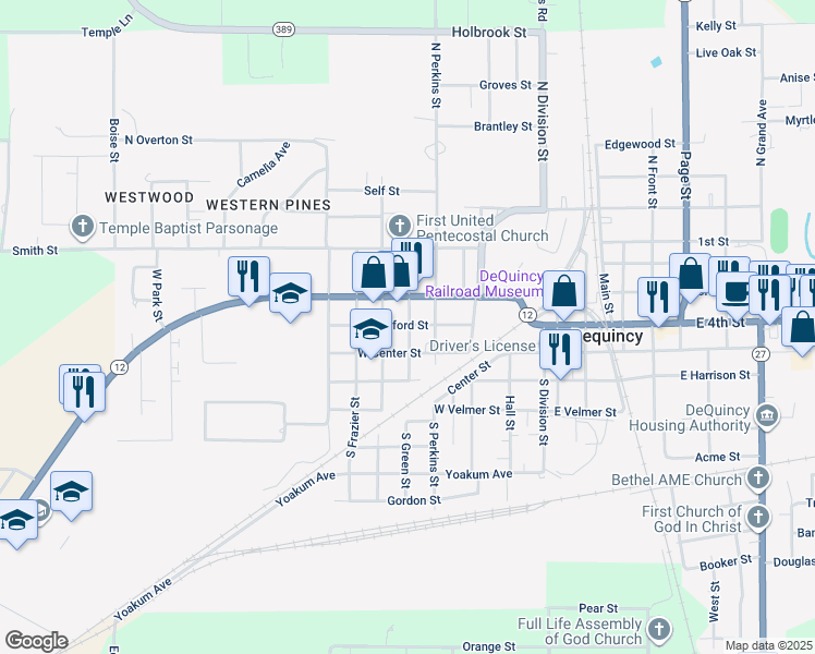 map of restaurants, bars, coffee shops, grocery stores, and more near 301 Herford Street in DeQuincy