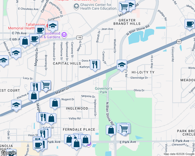 map of restaurants, bars, coffee shops, grocery stores, and more near 753 Pointe Court in Tallahassee