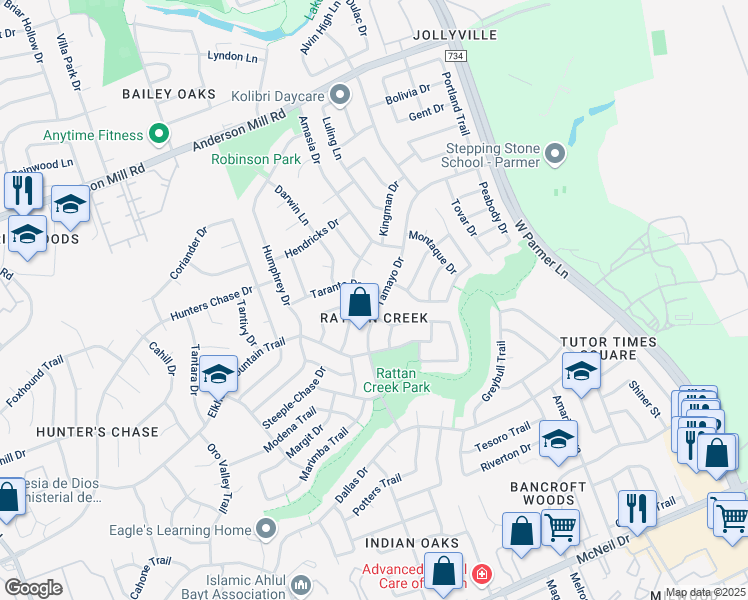 map of restaurants, bars, coffee shops, grocery stores, and more near 7802 Taranto Drive in Austin